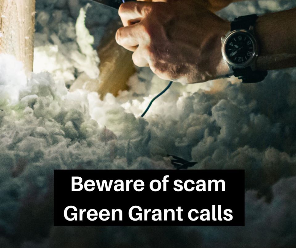 Suffolk Trading Standards beware of scam green grant calls poster, image of hands installing loft insulation