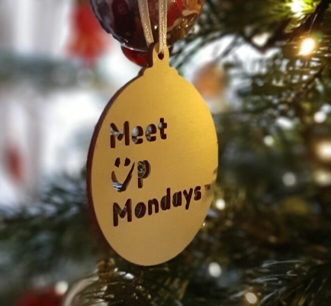 Photo showing crafted MeetUpMondays Christmas decoration bauble hanging on a Christmas tree