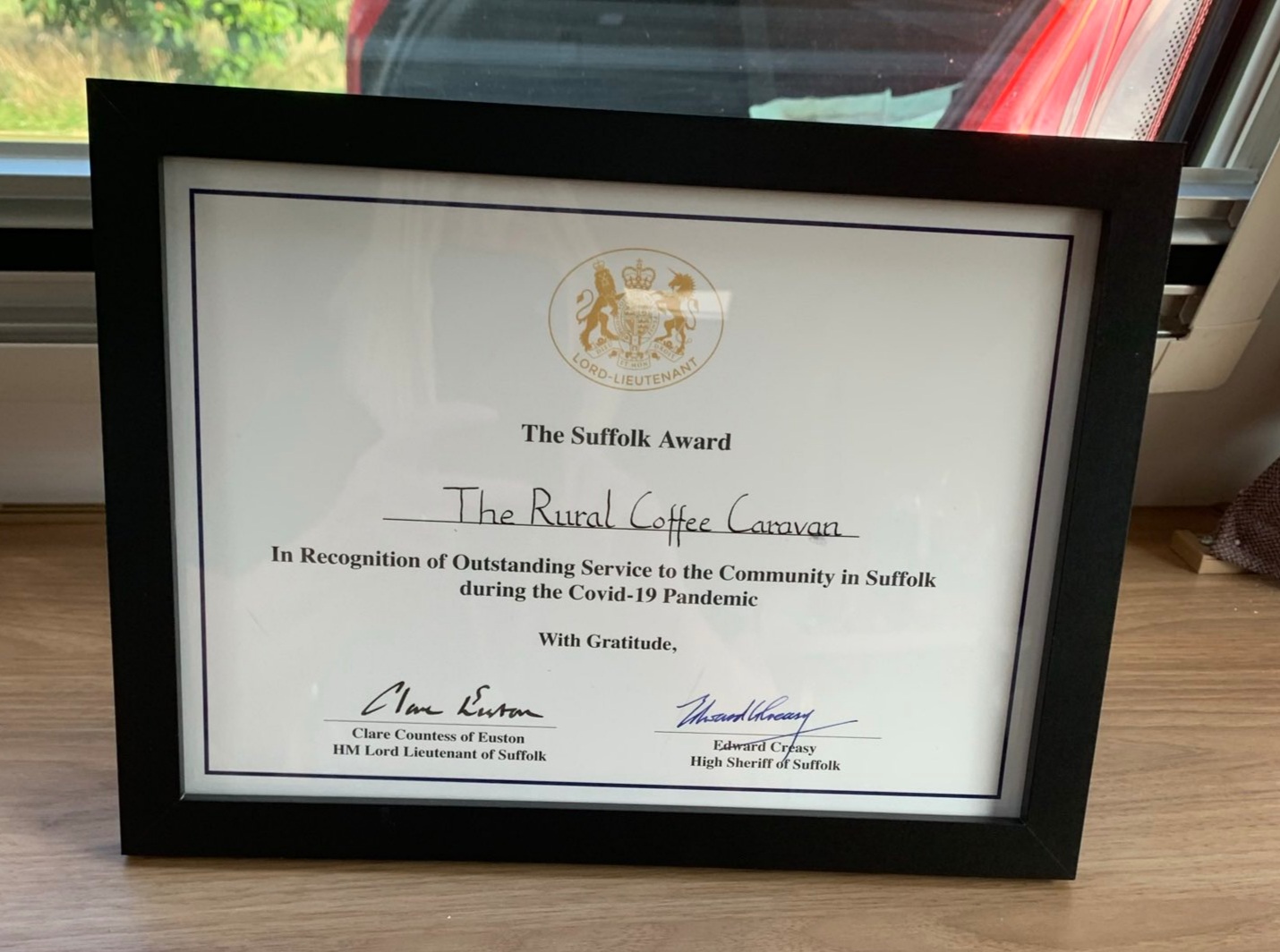 photo of framed High Sheriff Award certificate