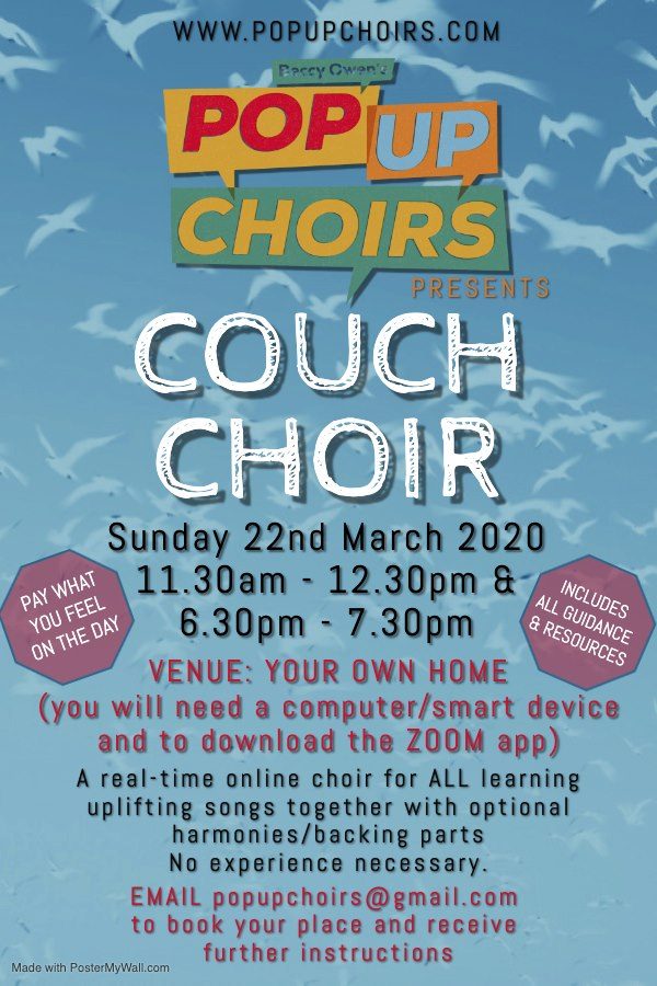 Poster advertising a pop up couch choir from popupchoirs.com