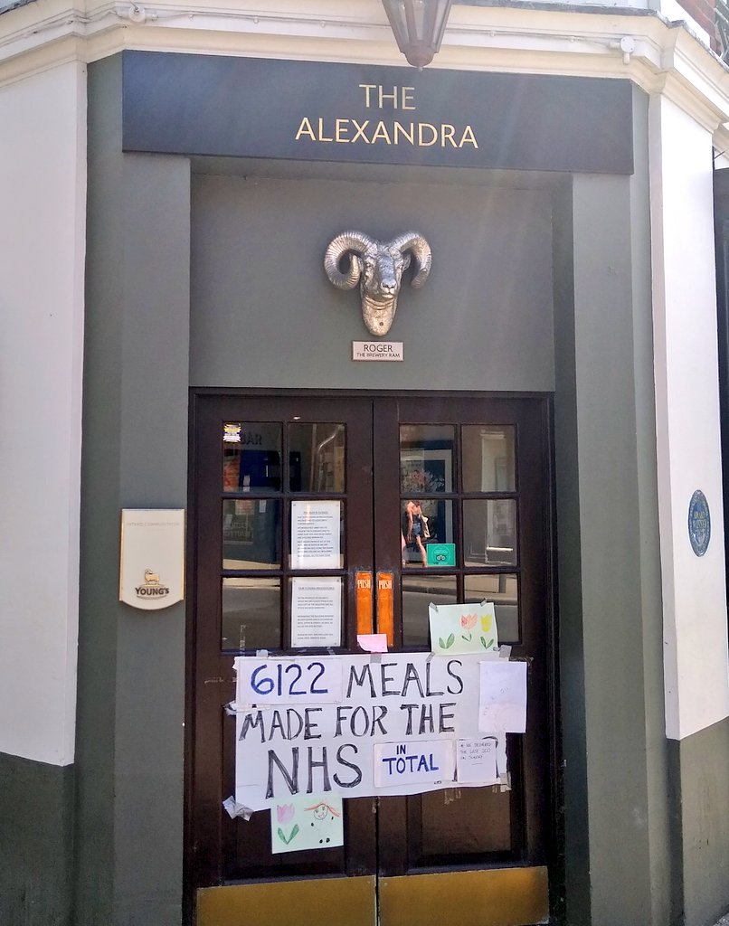 image of The Alexandra pubs entrance door displaying handmade poster advising of the 6122 meals they have made for NHS workers