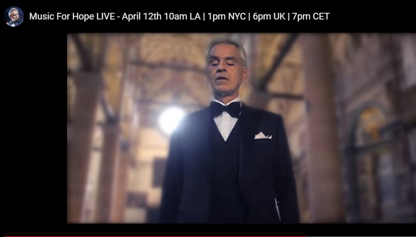 image of digital poster advertising Andrea Bocelli at the Duomo Cathedral of Milan to advertise his Easter Sunday 2020 solo performance there