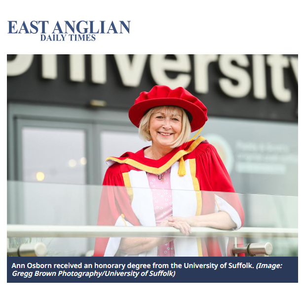 Image of RCC CEO Ann Osborn as pictured in the East Anglian Daily Times with news of her receiving honorary degree from Suffolk University