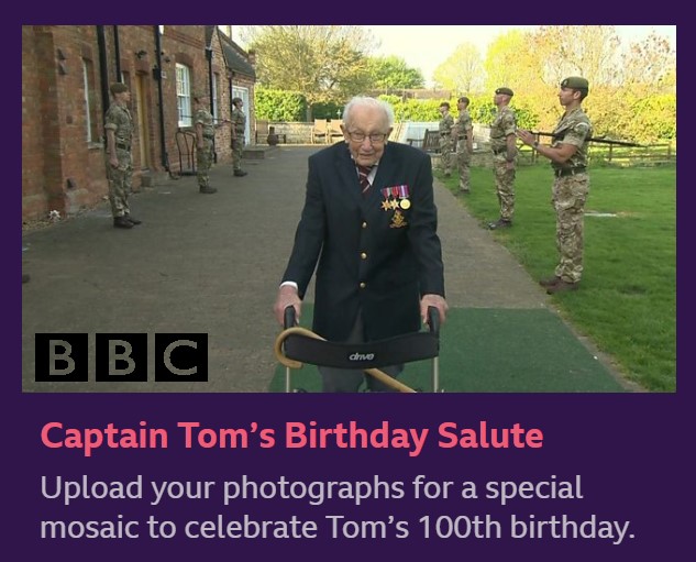 Image from BBC footage on BBC Make a Difference webpage showing hoto of Captain Tom Moore making his 100th lap to raise money for NHS Charities Together