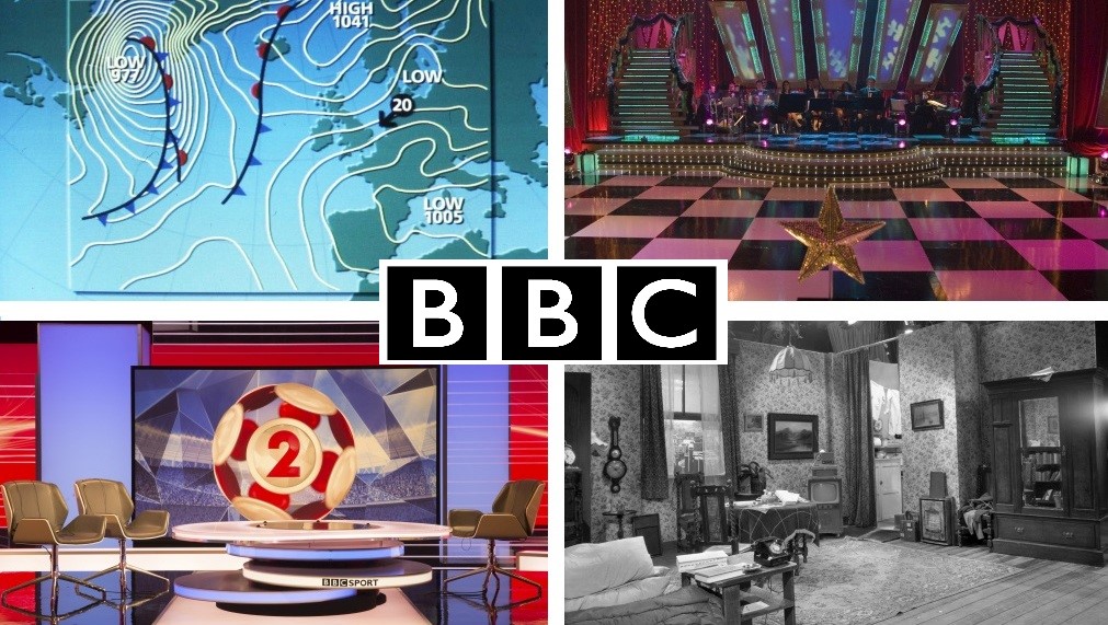 4 images from the BBC set backgrounds archives: weather report, Strictlly Come Dancing, Match of the Day and Hancock's half hour, with BBC logo overlapping centre