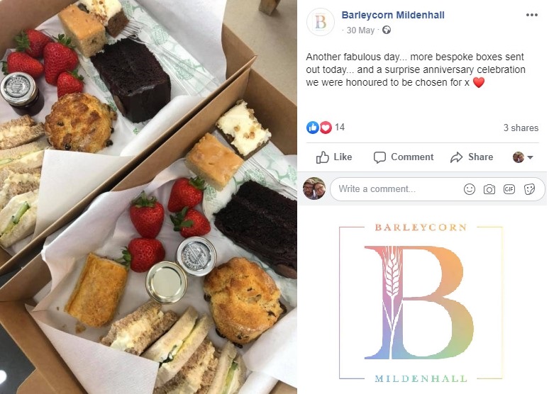 Facebook screengrab showing Barleycorn's afternoon tea boxes for delivery plus their new logo