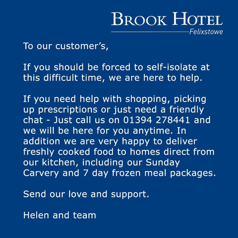 digital statement from the Brook Hotel Felixstowe offering help and support to locals during the coronavirus crisis