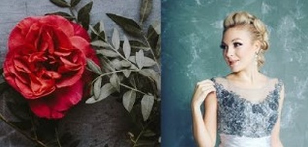 image of red roses and photo of soprano Christina Johnston as part of promotional poster for her VE Day 75 YouTube live streamed concert