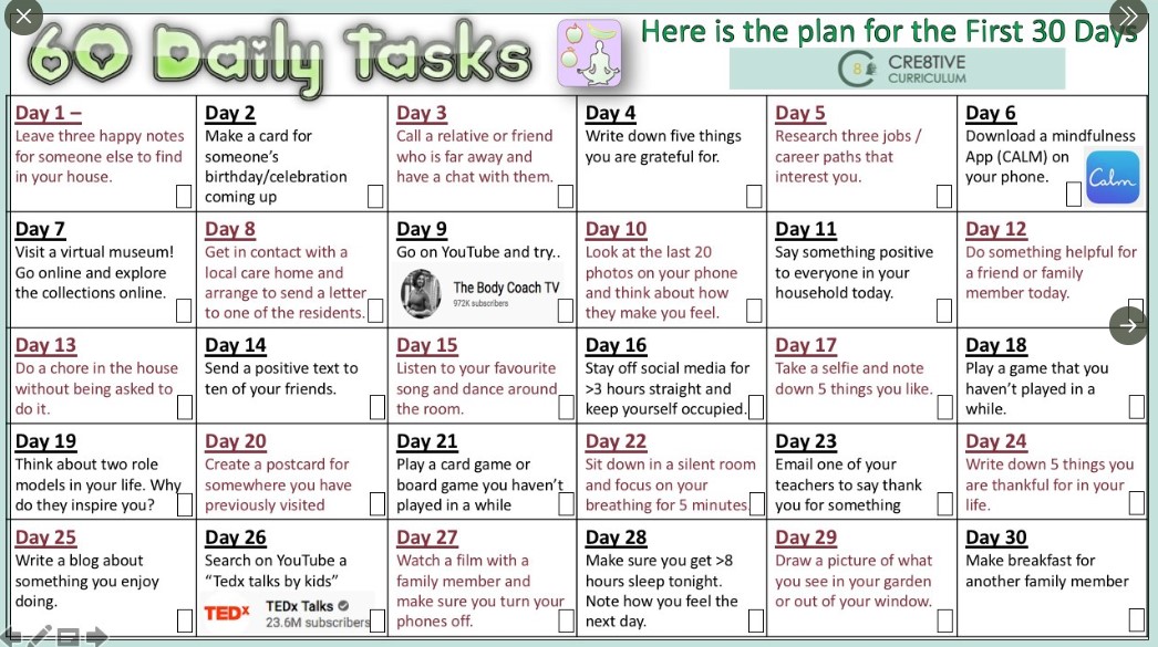 chart of 30 daily kindness tasks to practise from Cre8tive Resources