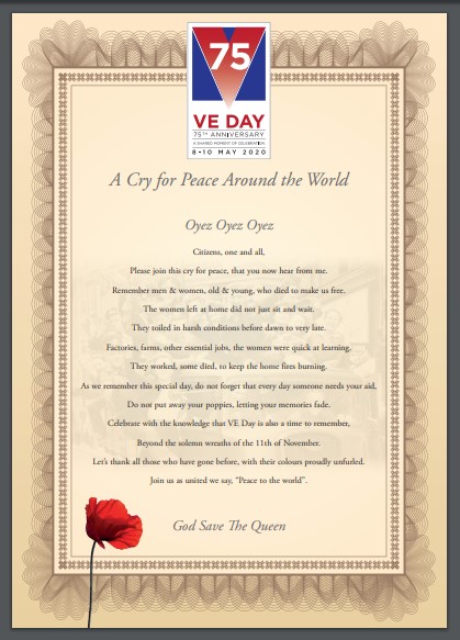 Image showing the wording for the Cry For Peace Around The World, framed with certificate style pattern border and featuring the VE Day 75 logo and an image of a red poppy 