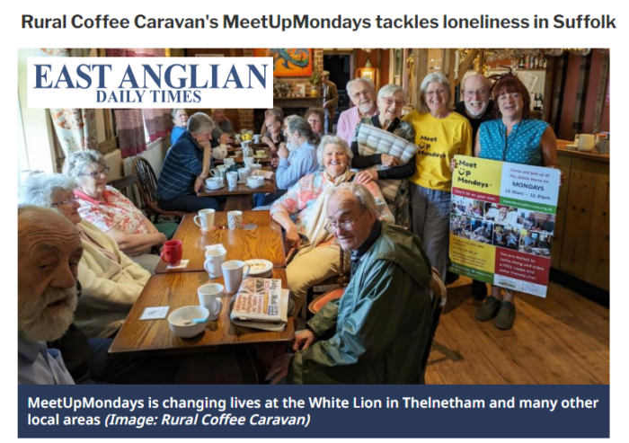 screenshot of image from East Anglian Daily Times article showing the MeetUpMondays group at the White Horse in Thelnetham