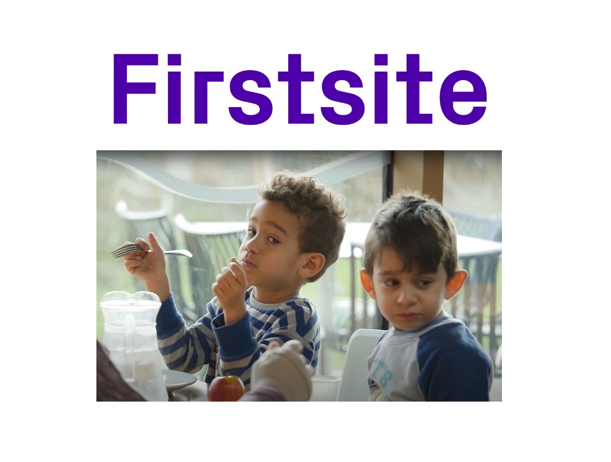 image of children eating at a table, and Firstsite logo, as advert for their MUNCH holiday activities programme
