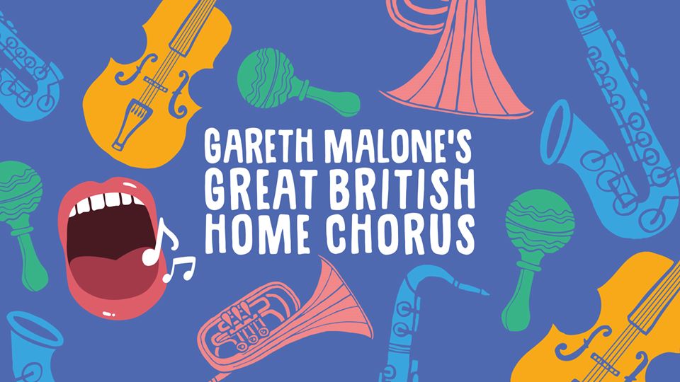 colourful illustration of musical instruments on a blue background to advertise Gareth Malone's Great British Home Chorus