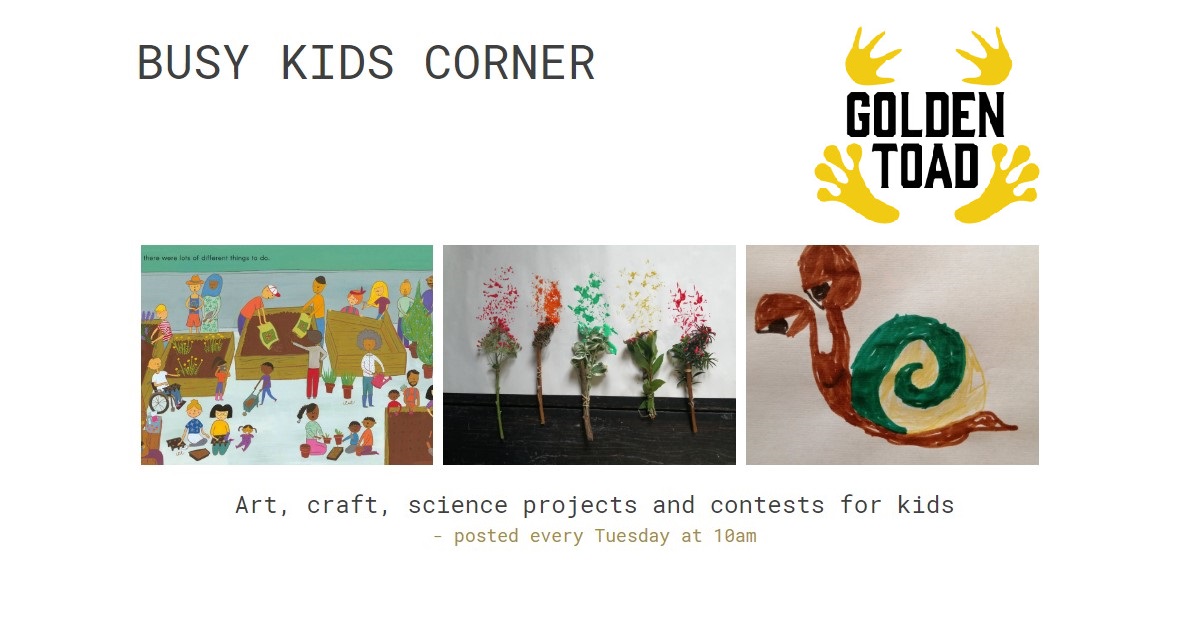 Image showing 3 photos (an illustration of families in a communal allotment, painting using garden foliage and a child's drawing of a snail) to show different children's activities offered by Golden Toad Theatre's Busy Kids Corner