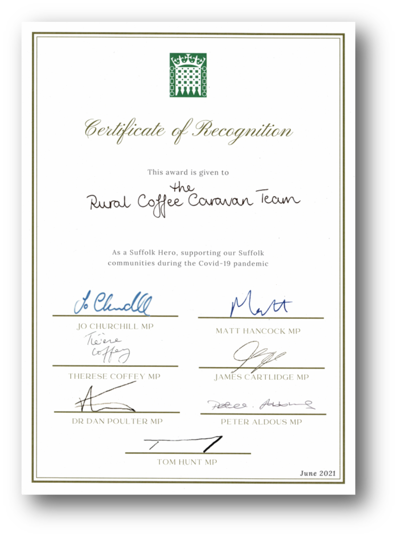 photo of certificate awarded to Rural Coffee Caravan for outstanding service during the Covid 19 pandemic
