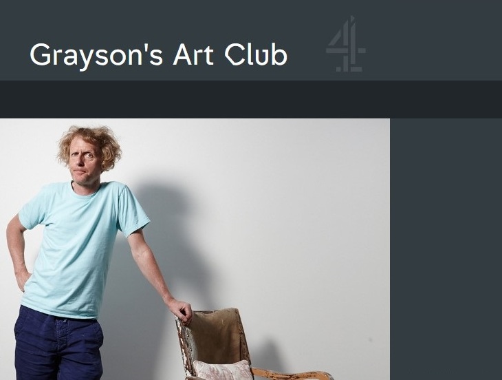 Image from Channel 4 TV showing photo of Grayson Perry standing and leaning on the back of a chair with the text Grayson Perry's Art Club to advertise his weekly lockdown programme