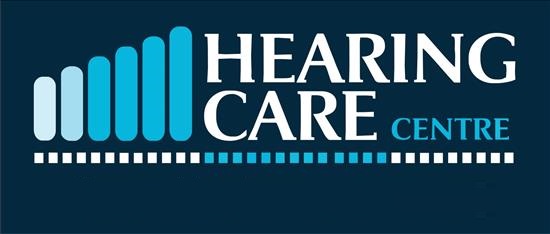 Hearing Care Centre logo with white text and pale blue ascending volumes stripes on dark blue background