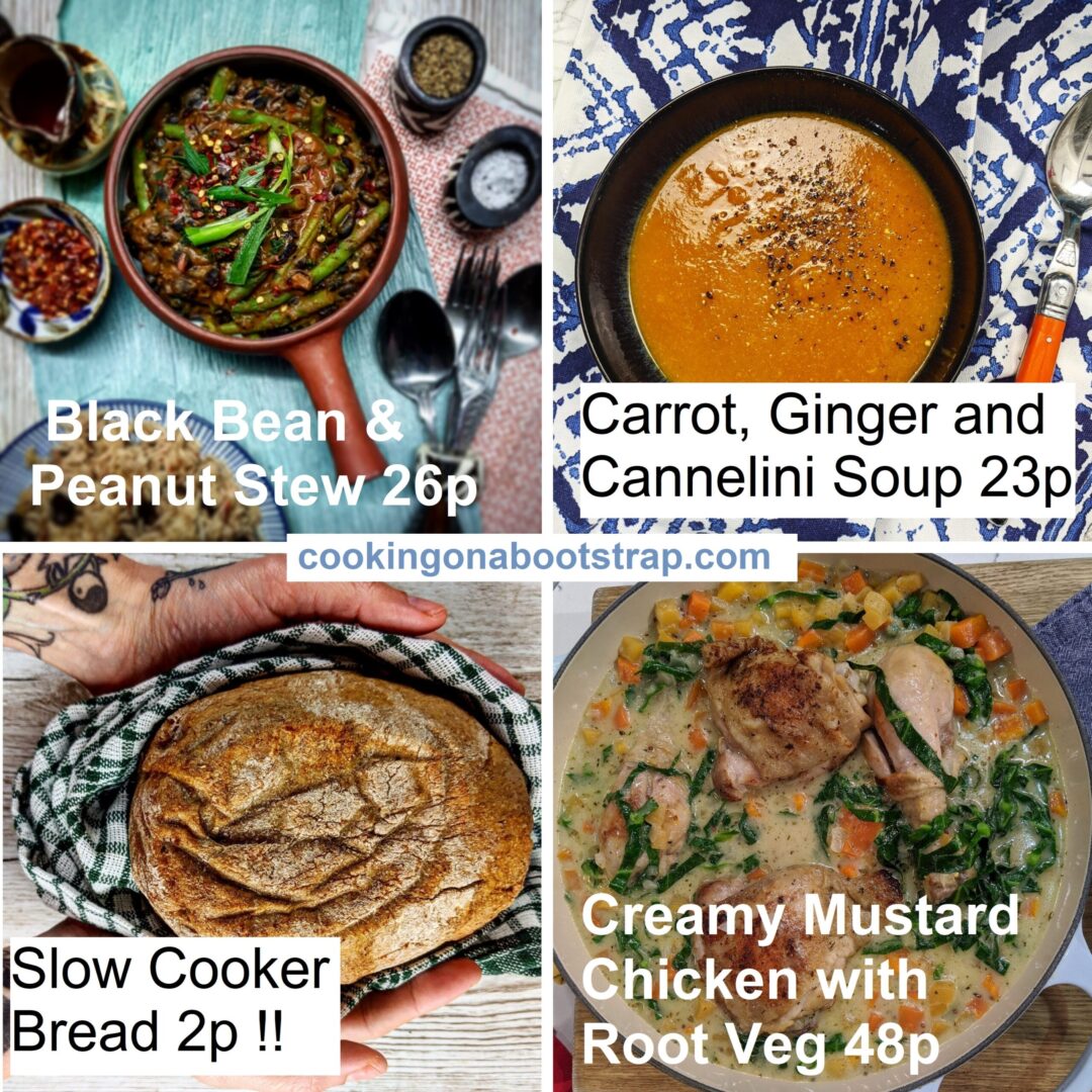 image of 4 examples of Jack Monroe's budget recipes with their price costs