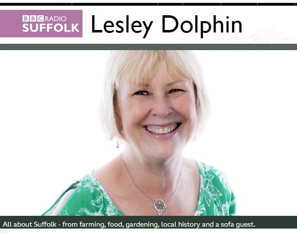 Image with photo of BBC Radio Suffolk host Lesley Dolphin in on white background and BBC Radio Suffolk logo in purple with white text