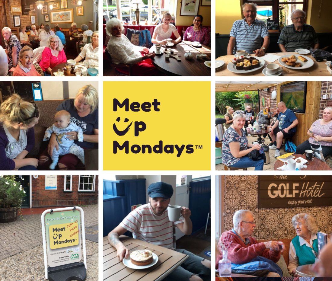 collage of photos showing different MeetUpMondays groups and logo