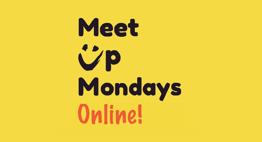 MeetUpMondays logo in black text on bright yellow background with the word 'online!' in red underneath