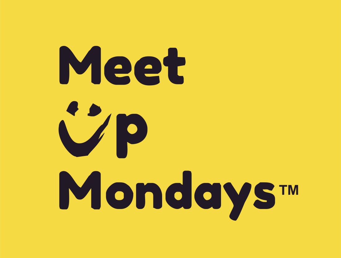 MeetUpMondays logo black text on yellow background