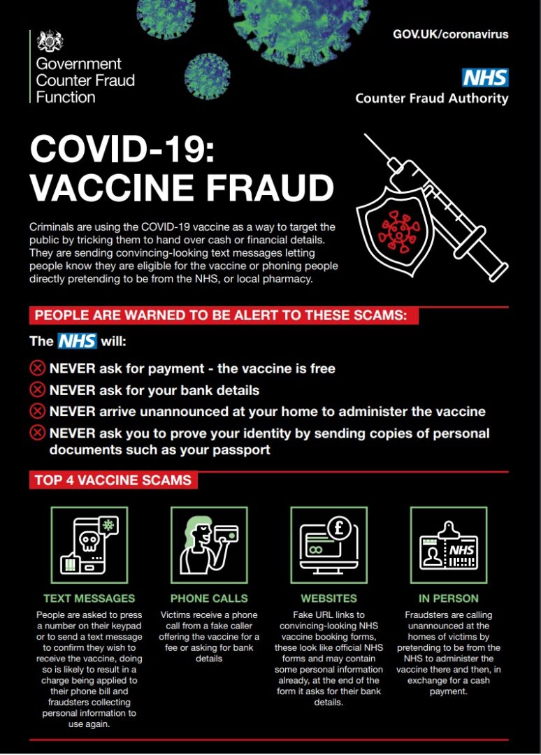 Covid-19 vaccine fraud poster page 1