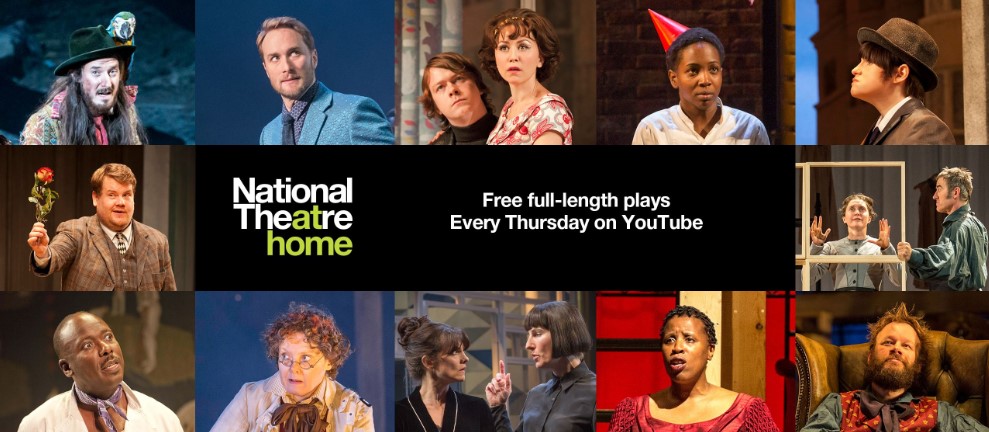 collage of photos from scenes of live plays at the National Theatre, advertising free online streaming of plays each Thursday on YouTube