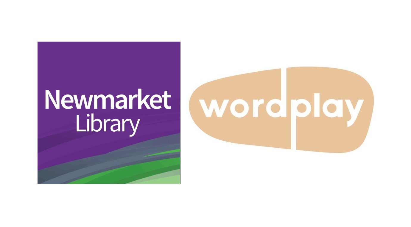 Newmarket Library logo in purple, green & white with wordplay logo white text on beige pebble shape