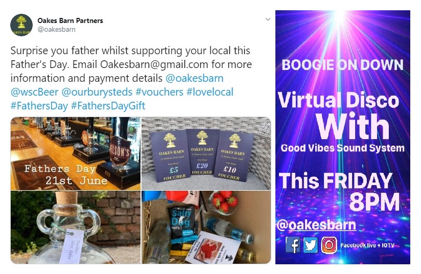screenshot showing photos of Oakes Barn's take-away food & drink, vouchers and a digitial poster for their virtual disco