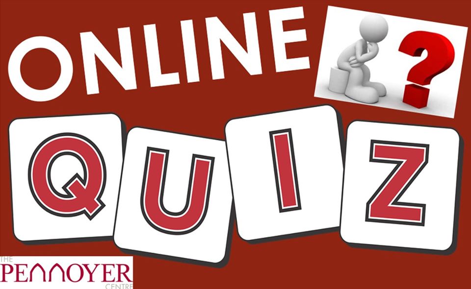 Pennoyer Online Quiz digital poster. White text on red background