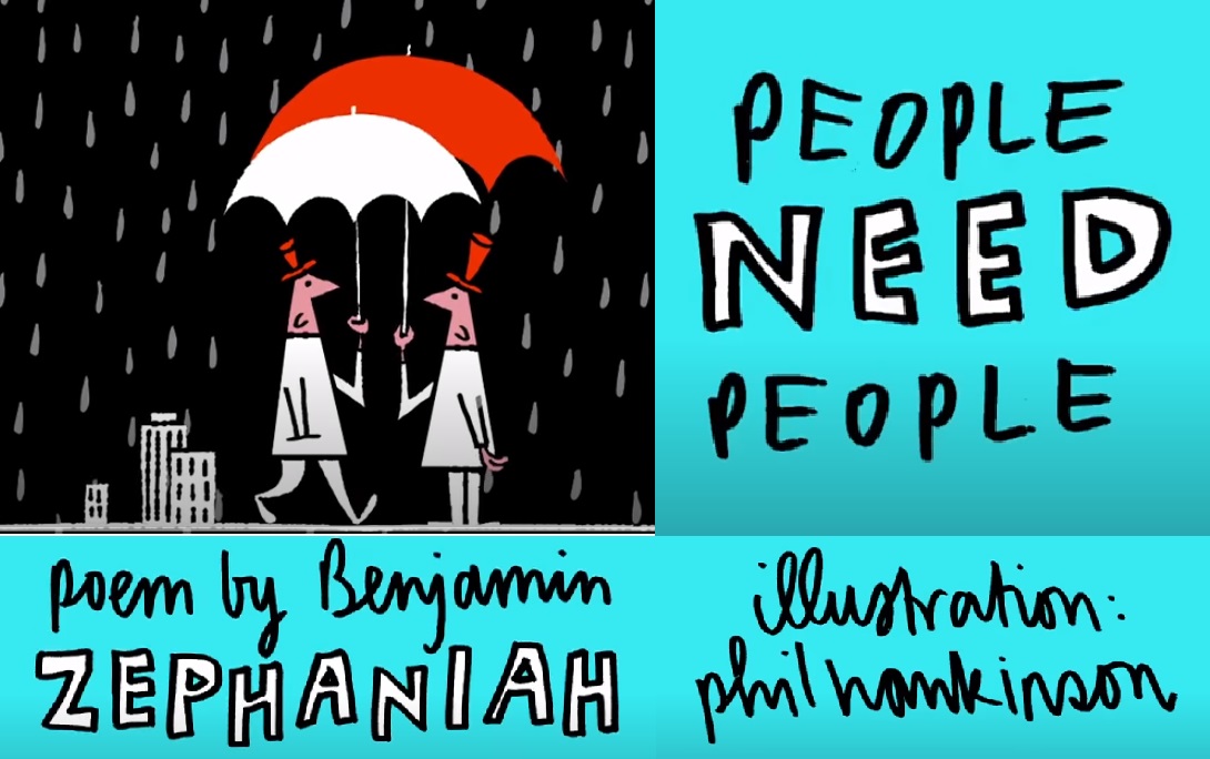 images from YouTube video of People Need People poem by Benjamin Zephaniah, with illustrations by Phil Hankinson