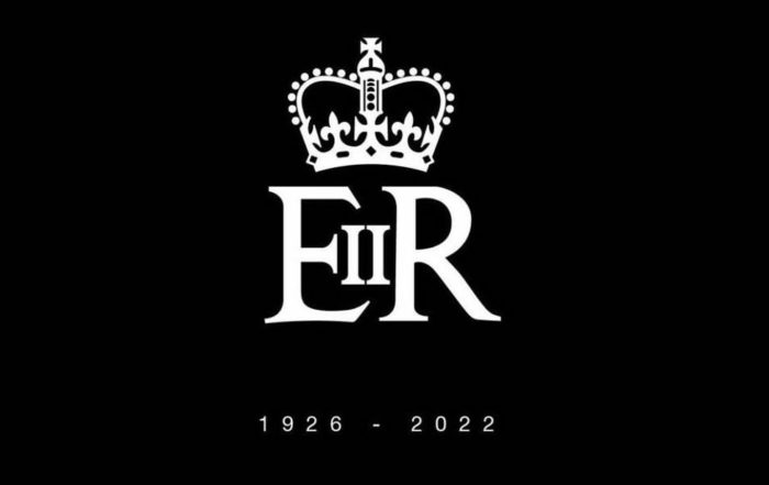 black and white banner image with the late Queen Elizabeth II's crest and memorial dates