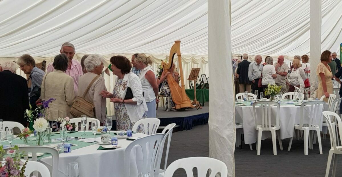 RCC 20th Anniversary fundraiser event - showing table settings, harpist and guests greeting each other in the marquee at Old Buckenham Hall