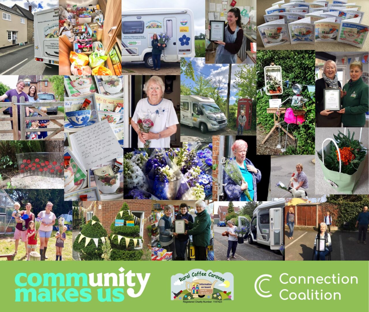 Collage of Rural Coffee Caravan Community Makes Us Connection Coalition photos with logos