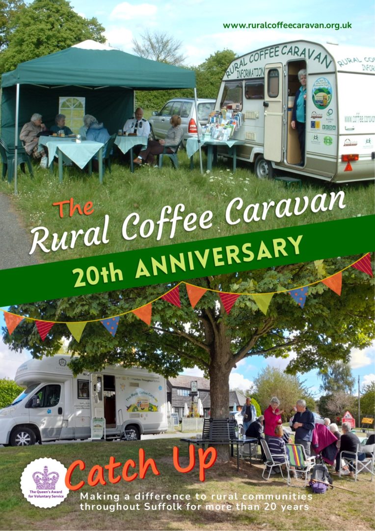 Front cover image of The Rural Coffee Caravan's 20th Anniversary Catch Up magazine showing 'then and now' photos of the vehicles used to deliver the service
