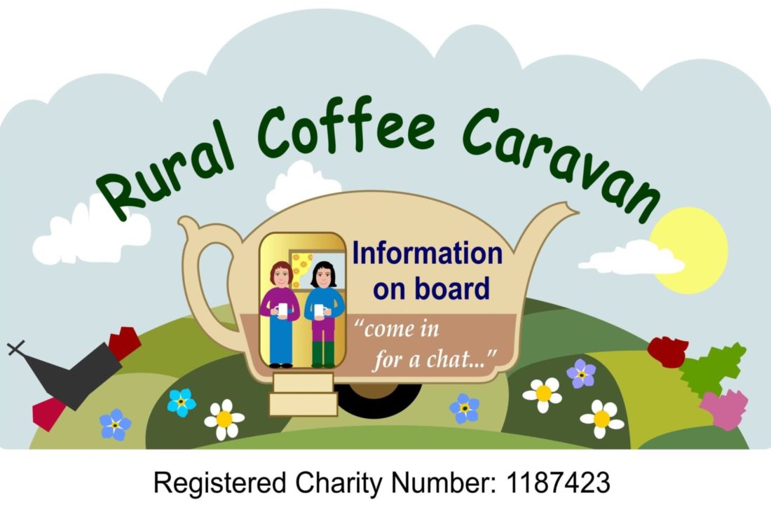 illustrated logo of Rural Coffee Caravan with two volunteers standing in the doorway of a caravan placed on green patchwork fields and blue sky background