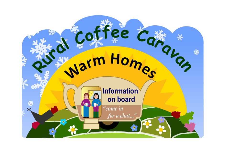 Rural Coffee Caravan Warm Homes logo picturing two people with cups of tea at the doorway of a caravan on green patchwork fields surrounded by a halo of a yellow glowing sun againast a backdrop of blue sky with white snowflakes