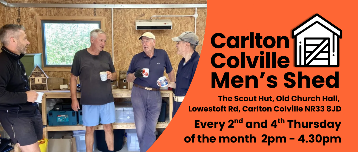 Banner image with photo of Men's Shed and address details for Carlton Colville Men's Shed