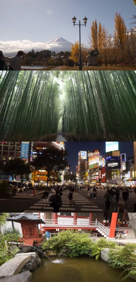 4 snapshots from Rambalac's virtual walking footage of Japan: bamboo groves in Kyoto, view of Mount Fuji, Kusatsu's hot wter streams and Tokyo street at night
