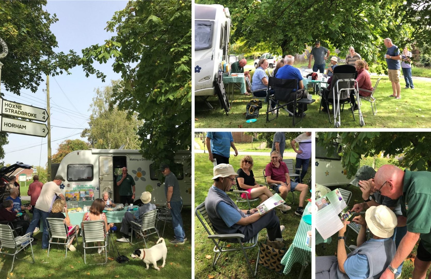 collage of photos of people at RCC's Redlingfield village visit reading the 20th Anniversary magazine under a large tree at their village visit