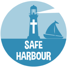 Safe Harbour logo of lighthouse and sailboat in two shades of blue