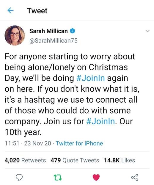 Screengrab of Tweet from Sarah Millican inviting people to Join In on Christmas Day