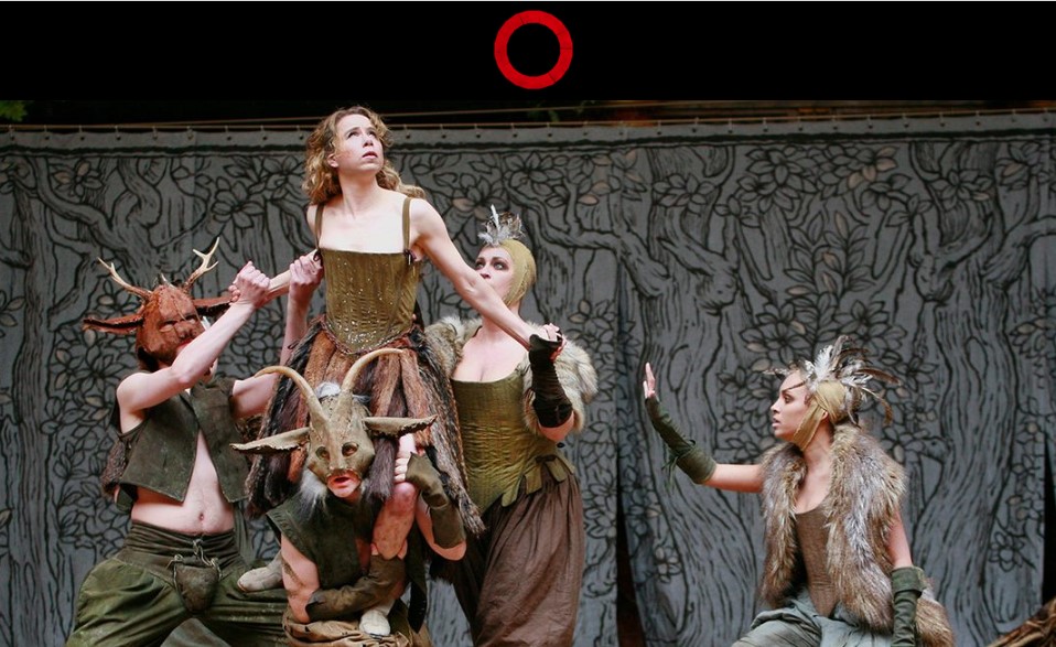 photo of actors on stage in Shakespeare's Globe recorded production of A Midsummer Nights Dream