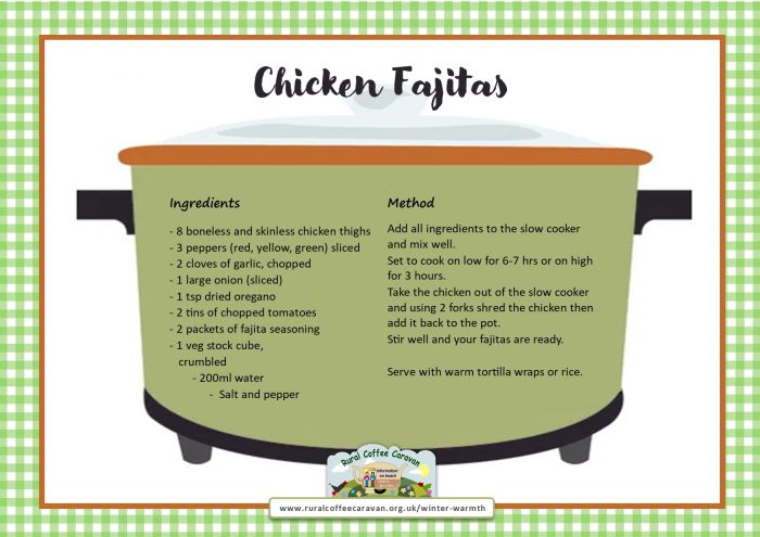 Graphic of slow cooker with Chicken Fajitas recipes text overlaid