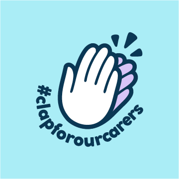 Clap for our carers logo - graphic of two hands clapping, in white and blue with the slogan #clapforourcarers