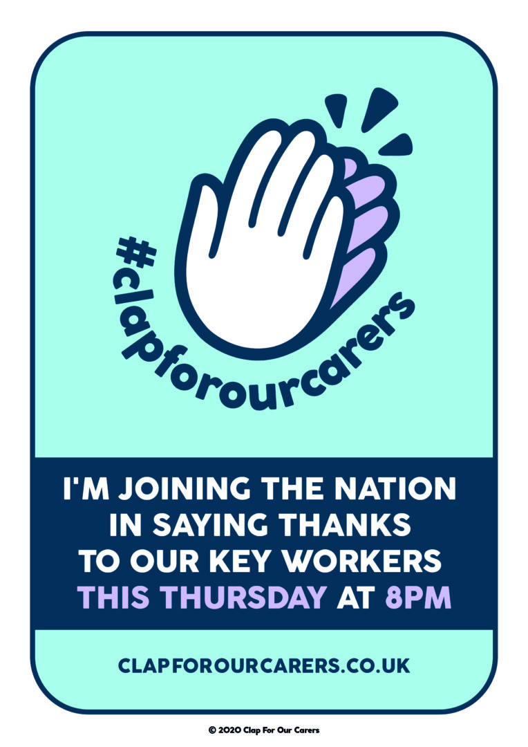 Clap for our carers poster inviting people to join in every Thursday at 8pm
