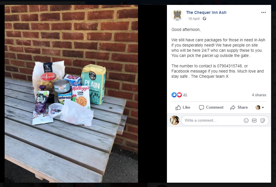screenshot of social media post from The Chequer Inn, Ash, of care packages they have organised