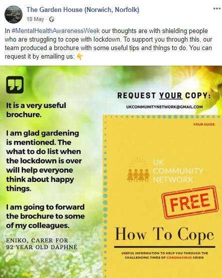 social media post advertising a free mental health awareness brochure produced by the Garden House pub, Norwich
