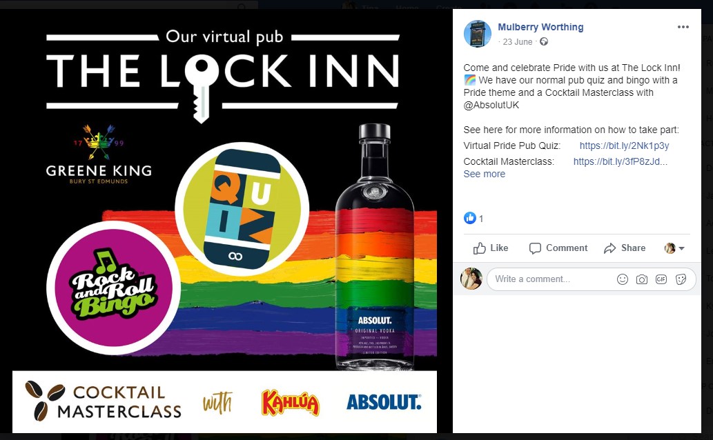 social media post advertising The Mulberry pub's Pride themed 'Lock Inn' quiz